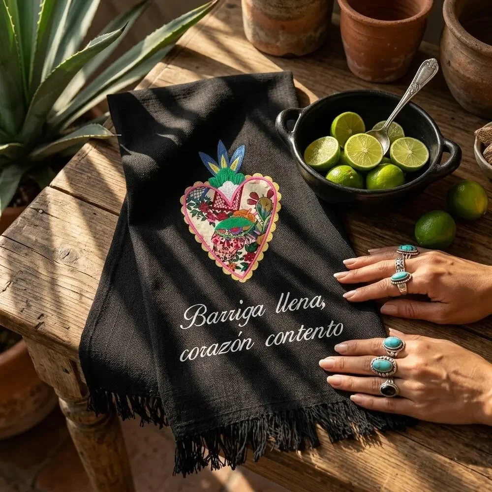 Mexican decorative towel Barriga llena corazon contento 38 x 18 inches